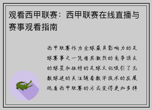 观看西甲联赛：西甲联赛在线直播与赛事观看指南