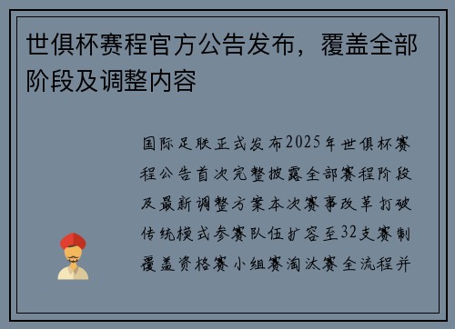世俱杯赛程官方公告发布，覆盖全部阶段及调整内容